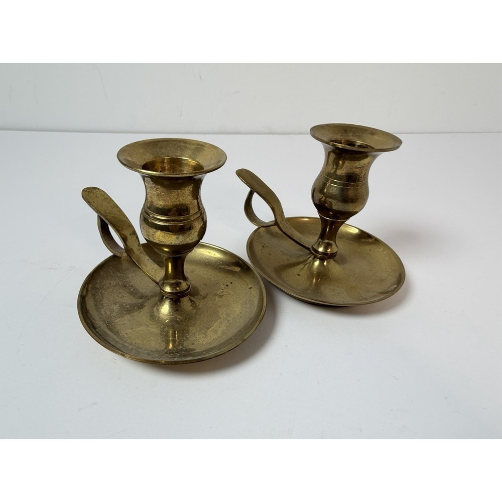 Vintage MCM Pair of solid‎ brass Chamber candlestick Holders Made In India